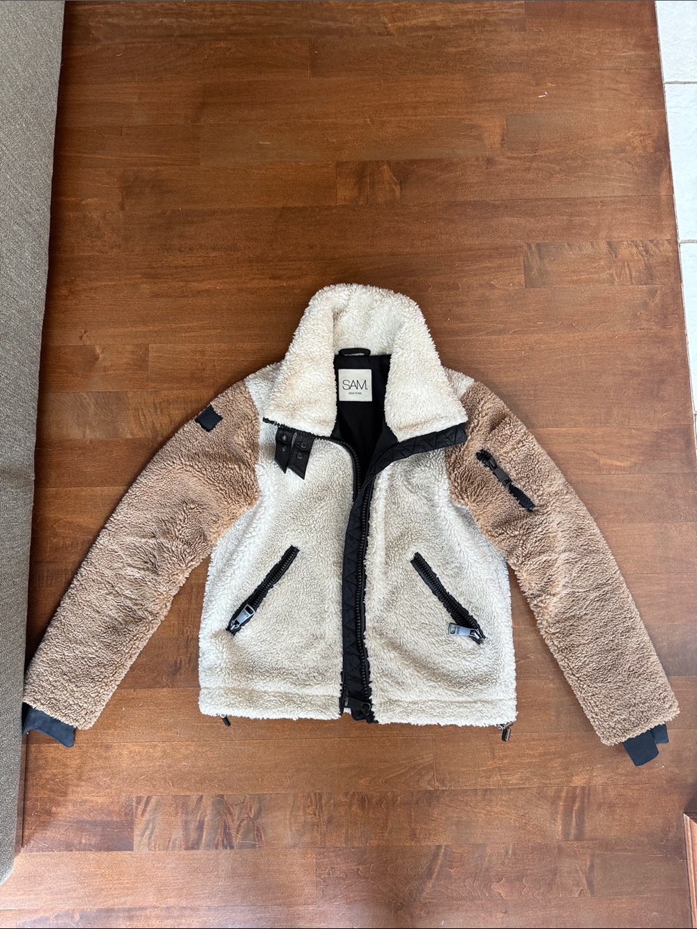 SAM. Two-Tone Sherpa Puffer Jacket in Cream and Brown with Black Trim